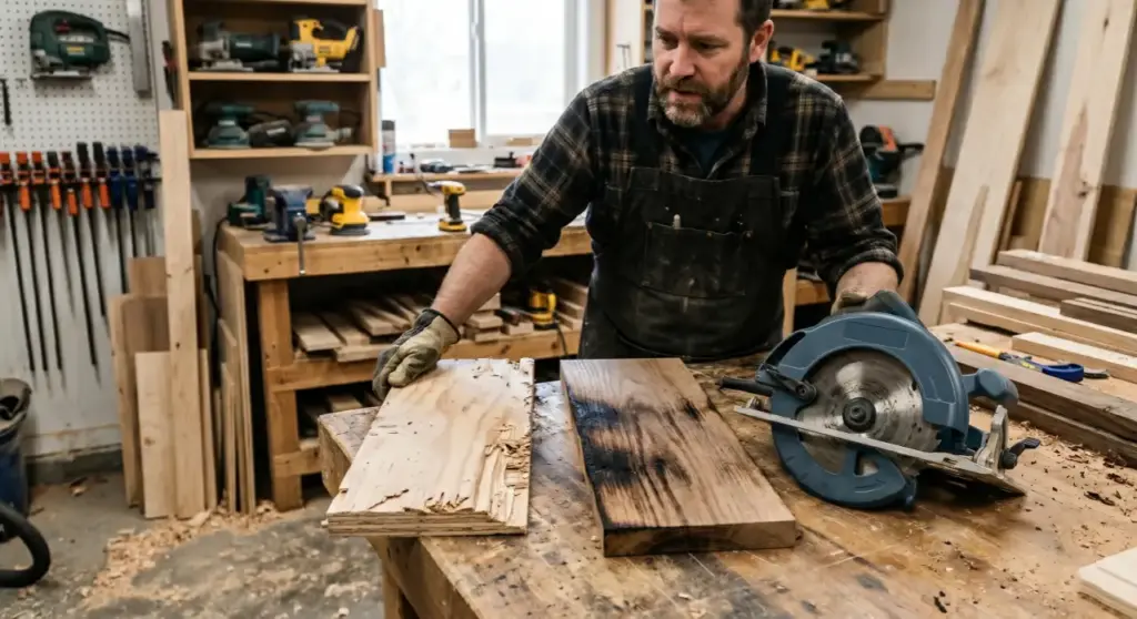 A woodworker in a shop inspecting a piece of chipped plywood and burned hardwood next to a circular saw, illustrating the results of using the wrong blade.