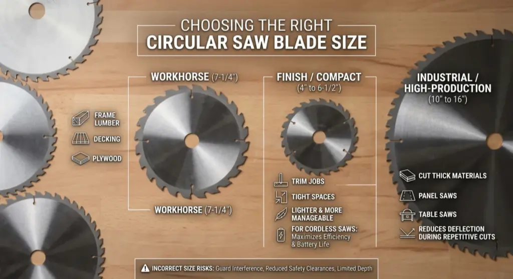 Infographic comparing circular saw blade sizes and applications, featuring 7-1/4 inch workhorse blades, 4 to 6-1/2 inch compact blades, and 10 to 16 inch industrial blades.