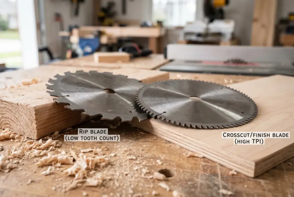 A comparison of two circular saw blades on a wooden workbench, showing a rip blade with a low tooth count next to a crosscut finish blade with a high tooth count.