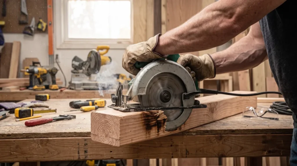 Close-up of a worker experiencing motor strain and kickback risk while cutting thick lumber with a portable circular saw, showing smoke from the blade.