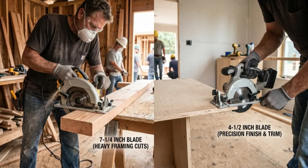 A two-panel photo comparison of circular saw applications. The left panel shows a worker cutting heavy timber with a 7-1/4 inch blade for framing. The right panel shows a worker cutting plywood with a 4-1/2 inch blade for precision finish and trim.