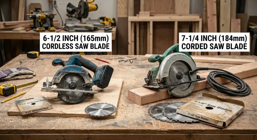 Comparison between a 6-1/2 inch cordless circular saw and a 7-1/4 inch corded circular saw on a woodworking bench.