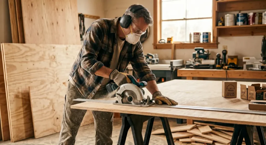 A woodworker wearing safety glasses, ear protection, and a dust mask using a compact cordless circular saw and guide rail to cut a sheet of plywood.