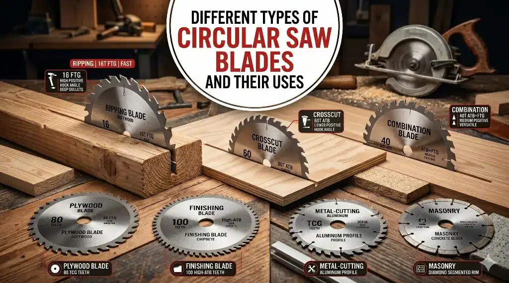 A comprehensive guide showing different types of circular saw blades and their uses displayed on a wooden workshop table.