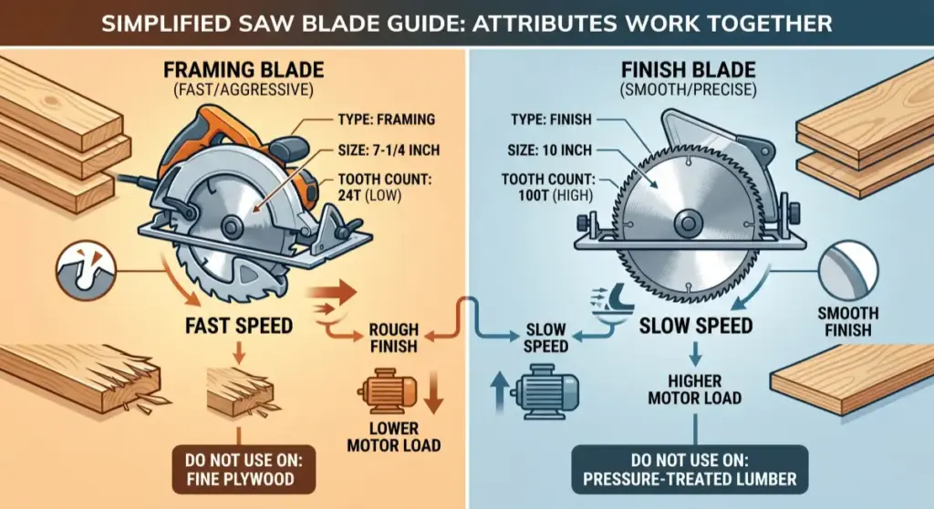 Side-by-side comparison of a low-tooth-count framing saw blade for fast, rough cuts and a high-tooth-count finish blade for smooth, precise cuts.