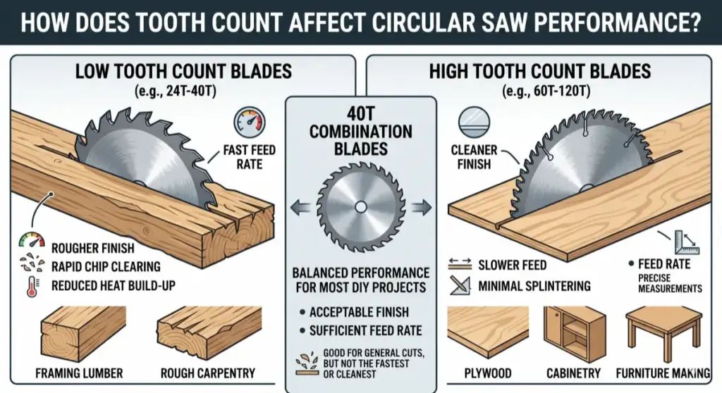 Comparison chart of 24T-40T framing blades versus 60T-120T finish blades and 40T combination blades for DIY woodworking.