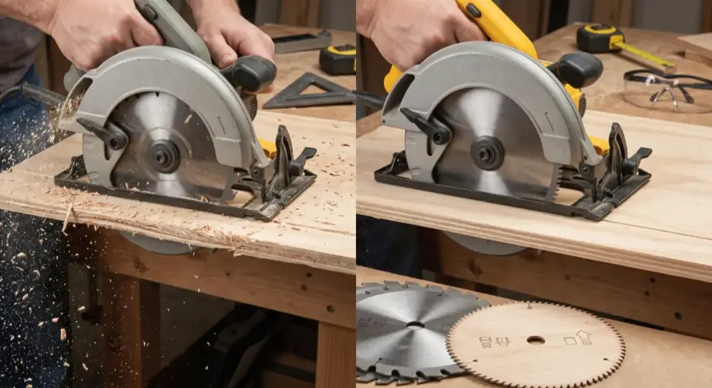 Split view comparing a rough rip cut using a low tooth count circular saw blade versus a smooth finish cut using a high tooth count blade on plywood.