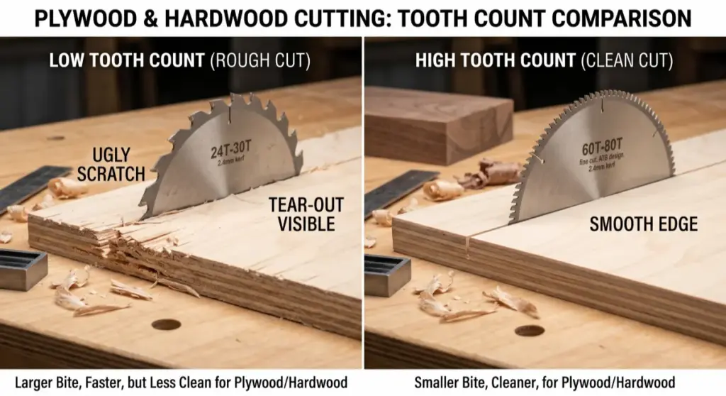 Side-by-side comparison of low and high tooth count saw blades cutting plywood, demonstrating rough tear-out versus a clean, smooth edge.