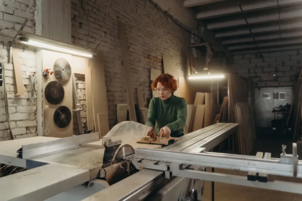 A female woodworker safely operating a table saw in a brick workshop, wearing safety glasses and using push blocks to guide the wood under a blade guard.