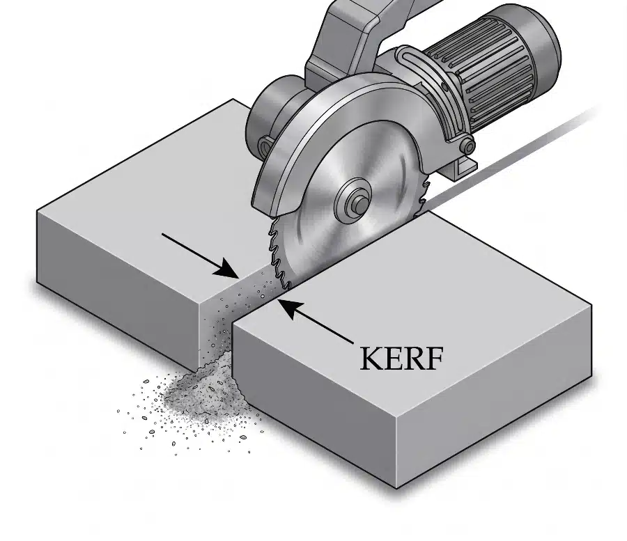 Diagram illustrating the kerf width created by a circular saw blade cutting through a block of material.