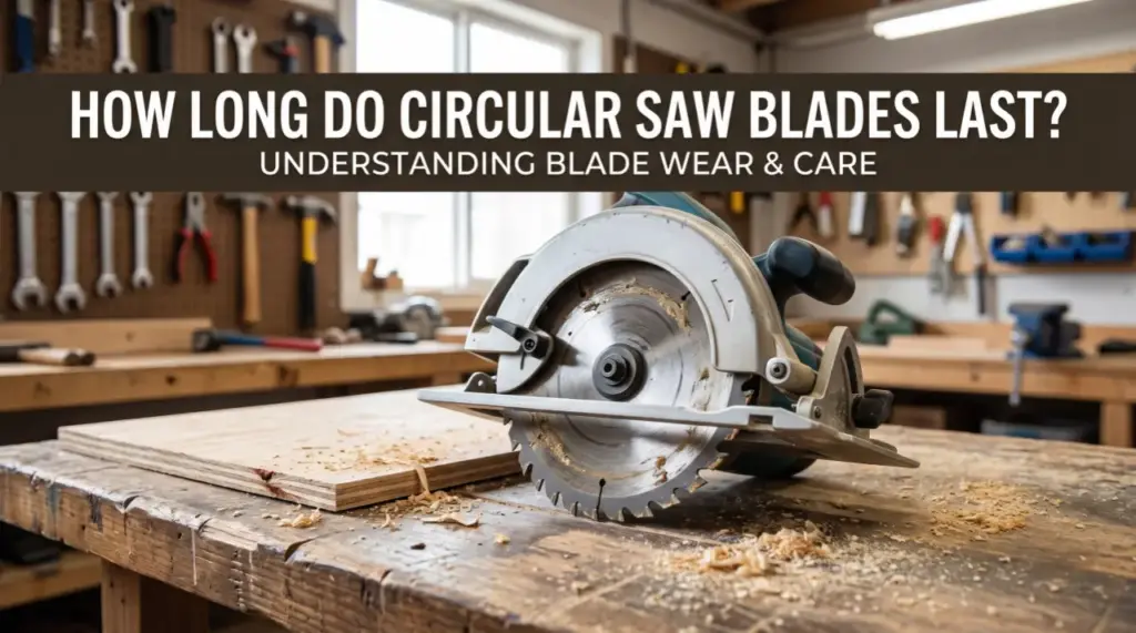 A circular saw resting on a wooden workbench covered in sawdust, illustrating how long circular saw blades last and proper blade care.