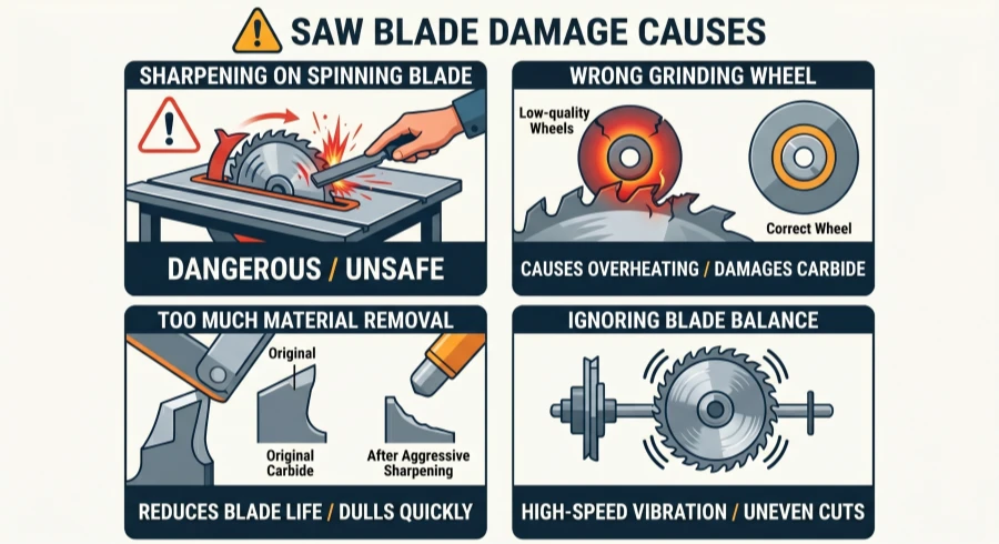 Infographic showing four common sharpening mistakes that damage a circular saw blade, including sharpening on a spinning blade, using the wrong grinding wheel, removing too much material, and ignoring blade balance.
