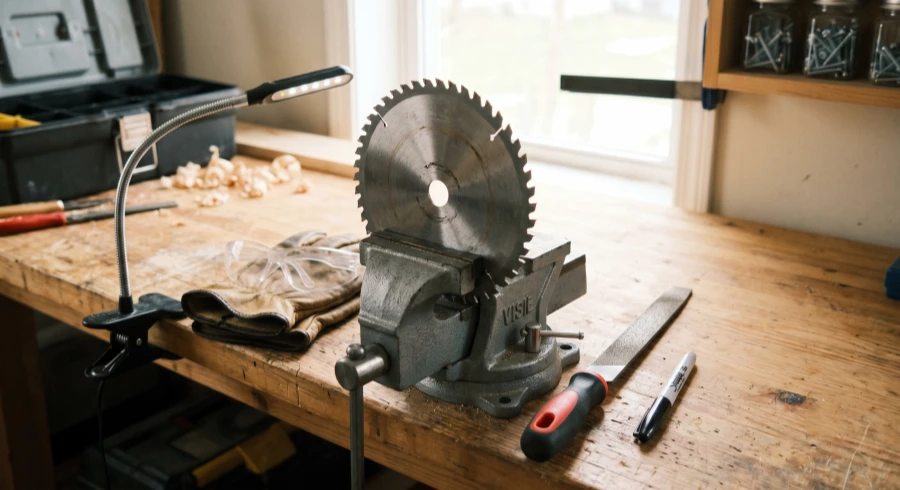 Essential tools for hand sharpening a circular saw blade, including a vise, diamond file, marker, safety glasses, work gloves, and a work light on a workbench.