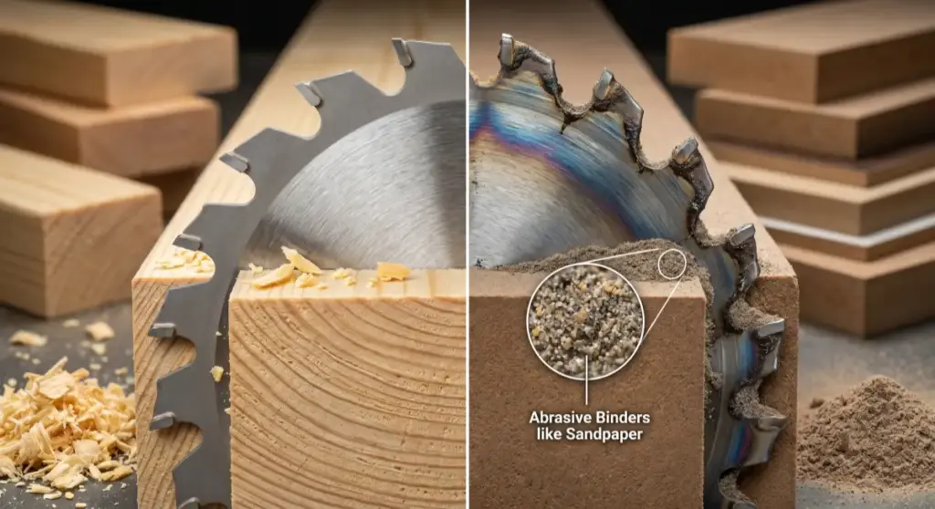 A split-screen comparison showing a clean circular saw blade cutting natural pine wood on the left, and a heat-damaged blade cutting MDF on the right, highlighting how abrasive binders and friction wear out blades faster.