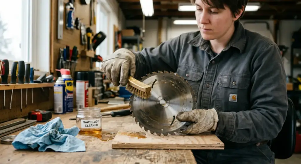 A woodworker wearing protective gloves uses a brush and cleaning solution to remove pitch and resin from a circular saw blade on a workbench.