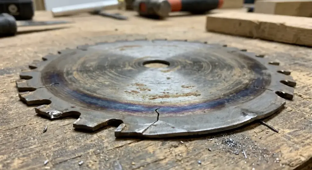 A damaged circular saw blade resting on a wooden workbench, displaying visible cracks, missing carbide teeth, and dark blue heat discoloration.