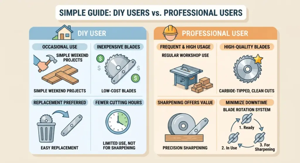 Infographic comparing saw blade choices: DIY users replacing inexpensive blades for occasional projects versus professional users sharpening high-quality carbide blades to minimize downtime.