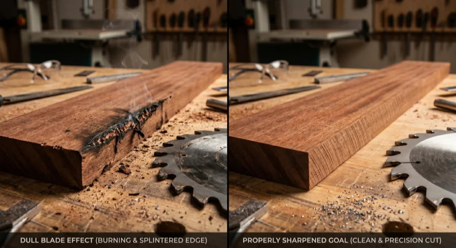 Side-by-side comparison showing wood with burn marks from a dull circular saw blade versus a clean, precise cut from a properly sharpened blade