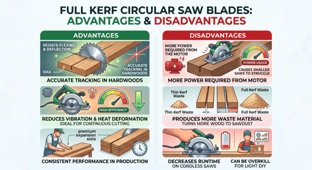 Comparison chart showing the advantages and disadvantages of using full kerf circular saw blades for woodworking projects.