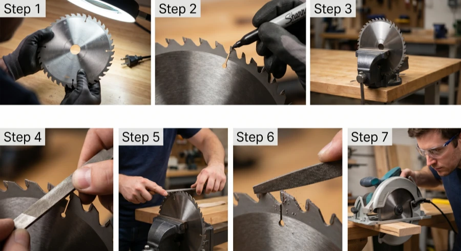 Step-by-step visual guide on how to sharpen a circular saw blade, showing the process from inspecting and marking the teeth to filing and testing on scrap wood.