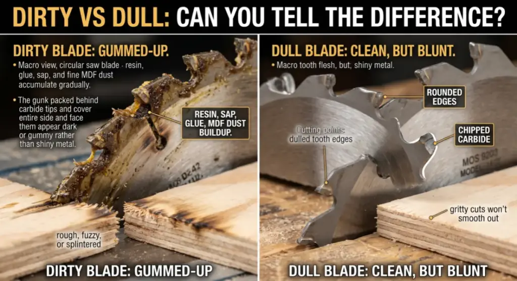 An infographic chart comparing a dirty circular saw blade with gummed-up resin, sap, and dust on the left to a clean but dull saw blade with rounded edges and chipped carbide teeth on the right, showing how they affect plywood cut quality.