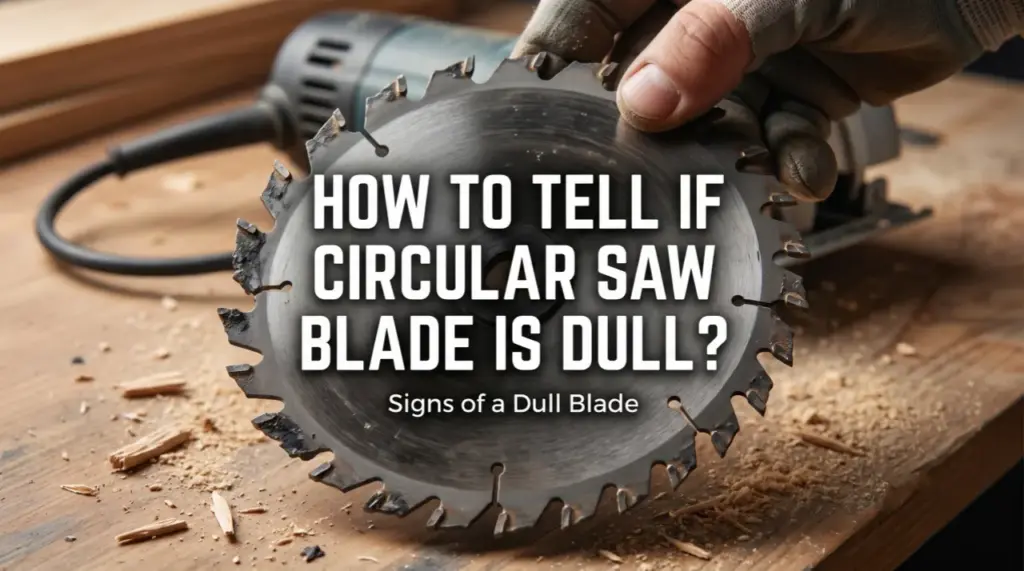 A close-up of a gloved hand inspecting a worn and dull circular saw blade over a wooden workbench covered in sawdust.