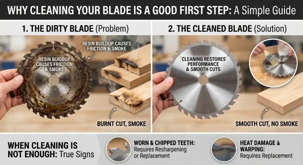 An infographic showing why cleaning a saw blade removes pitch and stops smoking cuts, including examples of when cleaning is not enough, such as chipped carbide teeth or heat-warped steel.