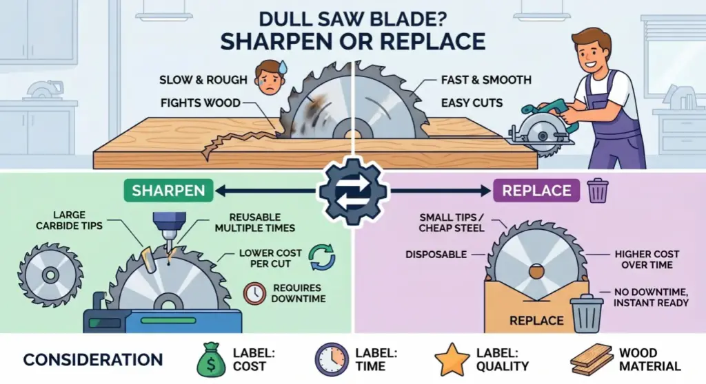 An infographic comparing whether to sharpen or replace a dull circular saw blade, highlighting factors like carbide tip size, cost, and downtime.