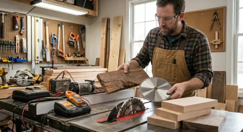 A bearded woodworker in safety glasses and a canvas apron holding a new circular saw blade and a piece of rough, burn-marked wood over a table saw in a well-equipped workshop, illustrating the troubleshooting and replacement process for cleaner wood cuts.