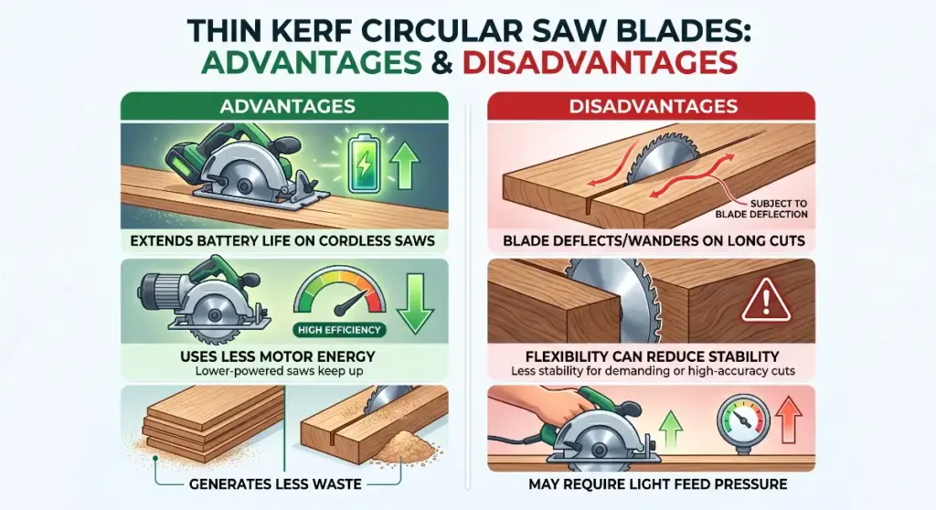Infographic comparing the advantages and disadvantages of thin kerf circular saw blades, highlighting factors like motor energy, battery life, waste generation, and blade deflection.