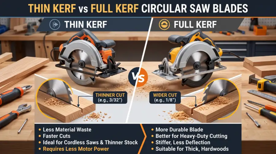 Side-by-side comparison chart of thin kerf vs full kerf circular saw blades, showing a 3/32 inch cut for thin kerf and a 1/8 inch cut for full kerf, along with their woodworking benefits.