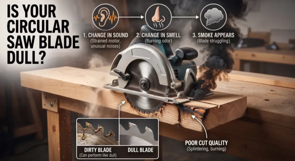 Infographic detailing the warning signs of a dull circular saw blade, highlighting changes in sound and smell, smoke production, poor cut quality, and a close-up comparison of dirty versus dull blade teeth.