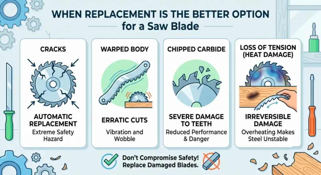 Infographic illustrating four key signs that a saw blade needs replacement: cracks, a warped body, chipped carbide teeth, and loss of tension from heat damage.