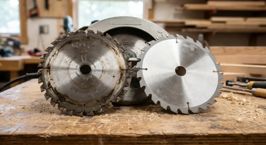 A side-by-side comparison of a heavily worn, pitch-covered circular saw blade and a brand new, sharp replacement blade on a woodworking bench.