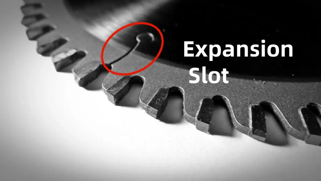 Close-up of a circular saw blade with a red circle highlighting the expansion slot.