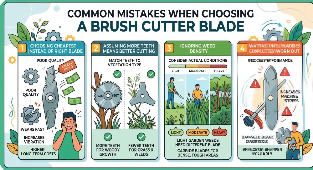 Infographic illustrating common mistakes when choosing a brush cutter blade, including selecting tooth count, weed density, and blade wear.
