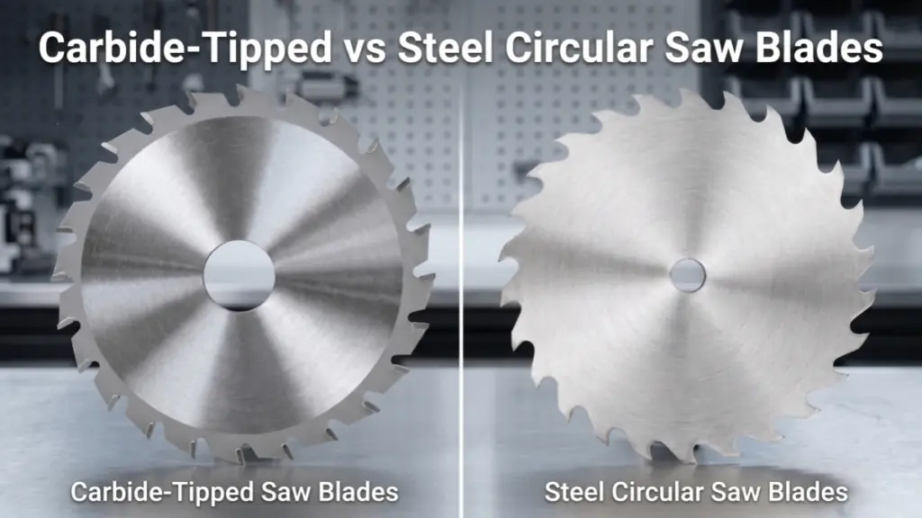 Comparison of carbide tipped and steel circular saw blades in a workshop