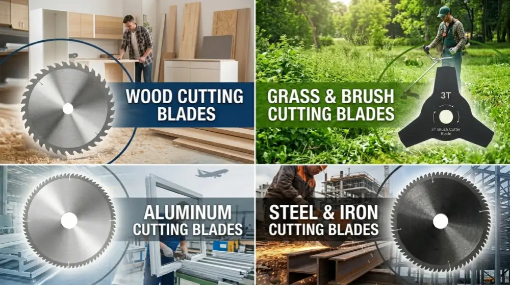 A visual grid showing four main categories of cutting blades in action: wood, grass and brush, aluminum, and steel and iron cutting blades.