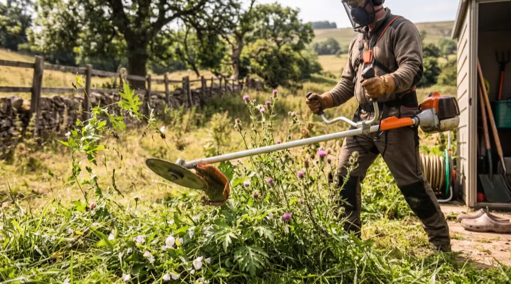 A man wearing safety gear using a petrol brush cutter to clear tall thistles and weeds in a countryside garden