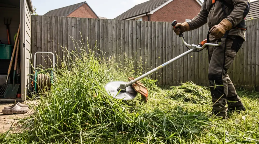 A man in protective clothing uses a metal blade brush cutter to trim tall, thick grass in a domestic garden near a shed.