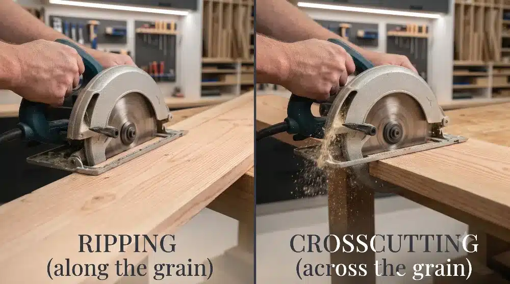 Side-by-side comparison showing a circular saw making a rip cut along the wood grain and a crosscut across the grain in a workshop.