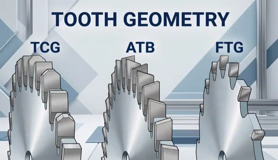 Circular saw blade tooth geometry comparison showing TCG, ATB, and FTG.