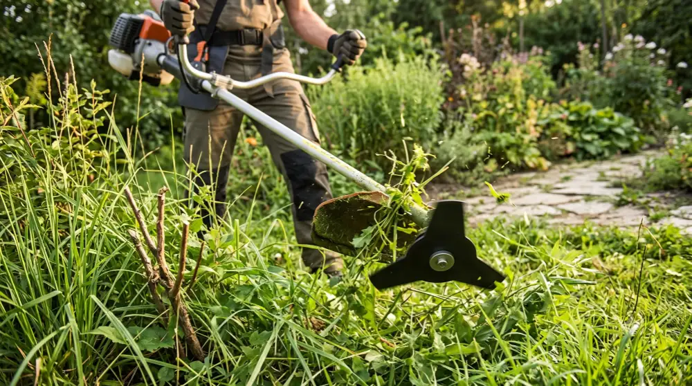 A professional operator using a gasoline brush cutter with a 3-tooth metal blade to cut through dense green weeds and grass in a garden, with chopped vegetation and debris in motion.