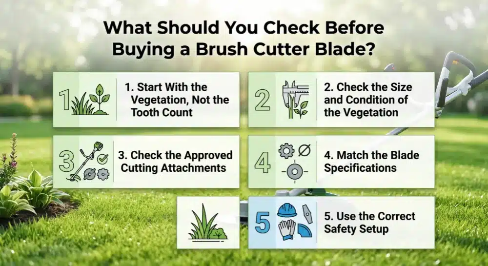 Infographic detailing a five-step checklist of what to check before buying a brush cutter blade, including vegetation type, approved attachments, and safety setup.