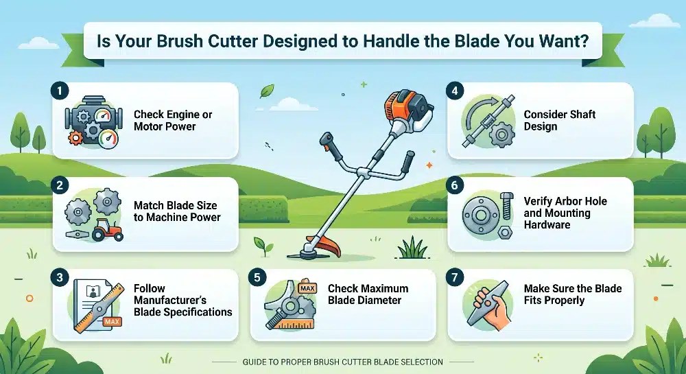 An infographic guide on how to check if your brush cutter is compatible with a new blade, featuring a 7-step checklist covering engine power, blade size, manufacturer specifications, shaft design, maximum blade diameter, arbor hole hardware, and proper fitting.
