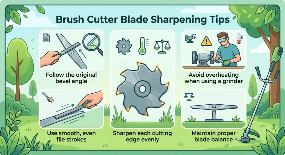 Brush cutter blade sharpening tips infographic illustrating proper filing techniques, avoiding grinder overheating, and maintaining blade balance.