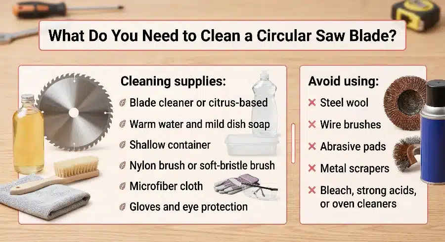 Infographic detailing safe cleaning supplies for a circular saw blade, including citrus cleaner and soft brushes, alongside a list of abrasive tools and harsh chemicals to avoid.