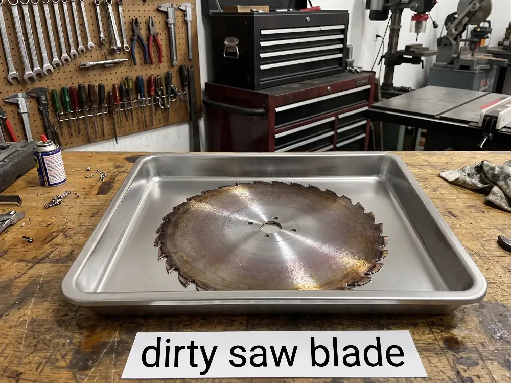 A dirty circular saw blade with resin build-up placed inside a clean metal tray on a workshop workbench.