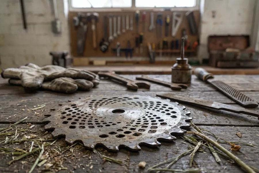 Close-up of a dull brush cutter blade on a wooden workbench surrounded by grass clippings and maintenance tools.