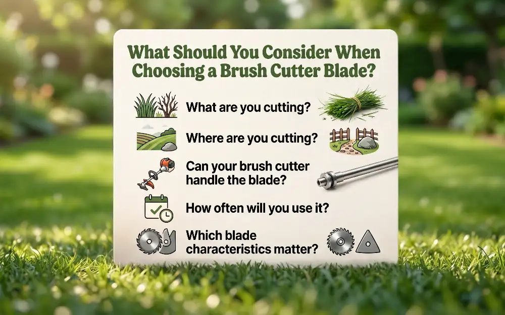 Infographic listing five key factors to consider when choosing a brush cutter blade, including vegetation type, terrain, machine compatibility, usage frequency, and blade characteristics.